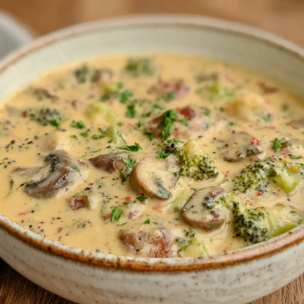 Mushroom gravy recipe with broccoli and red pepper bits in ceramic bowl