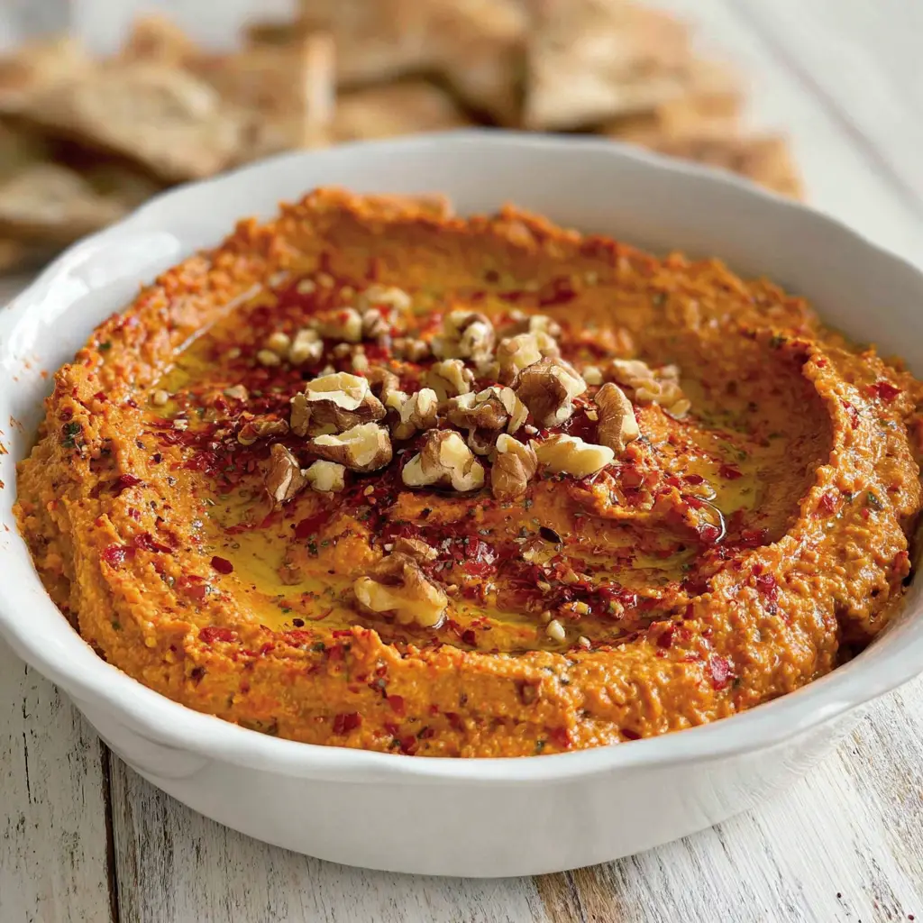 Muhammara recipe with walnuts and chili flakes in white bowl
