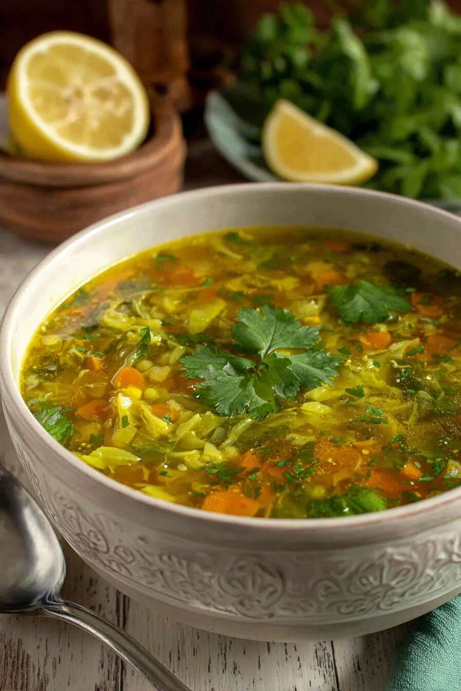 Rustic bowl of lemon coriander soup with fresh coriander garnish