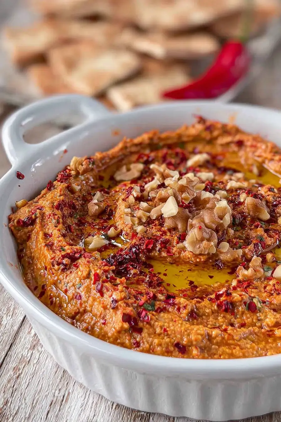 Muhammara dip in ramekin topped with walnuts and olive oil