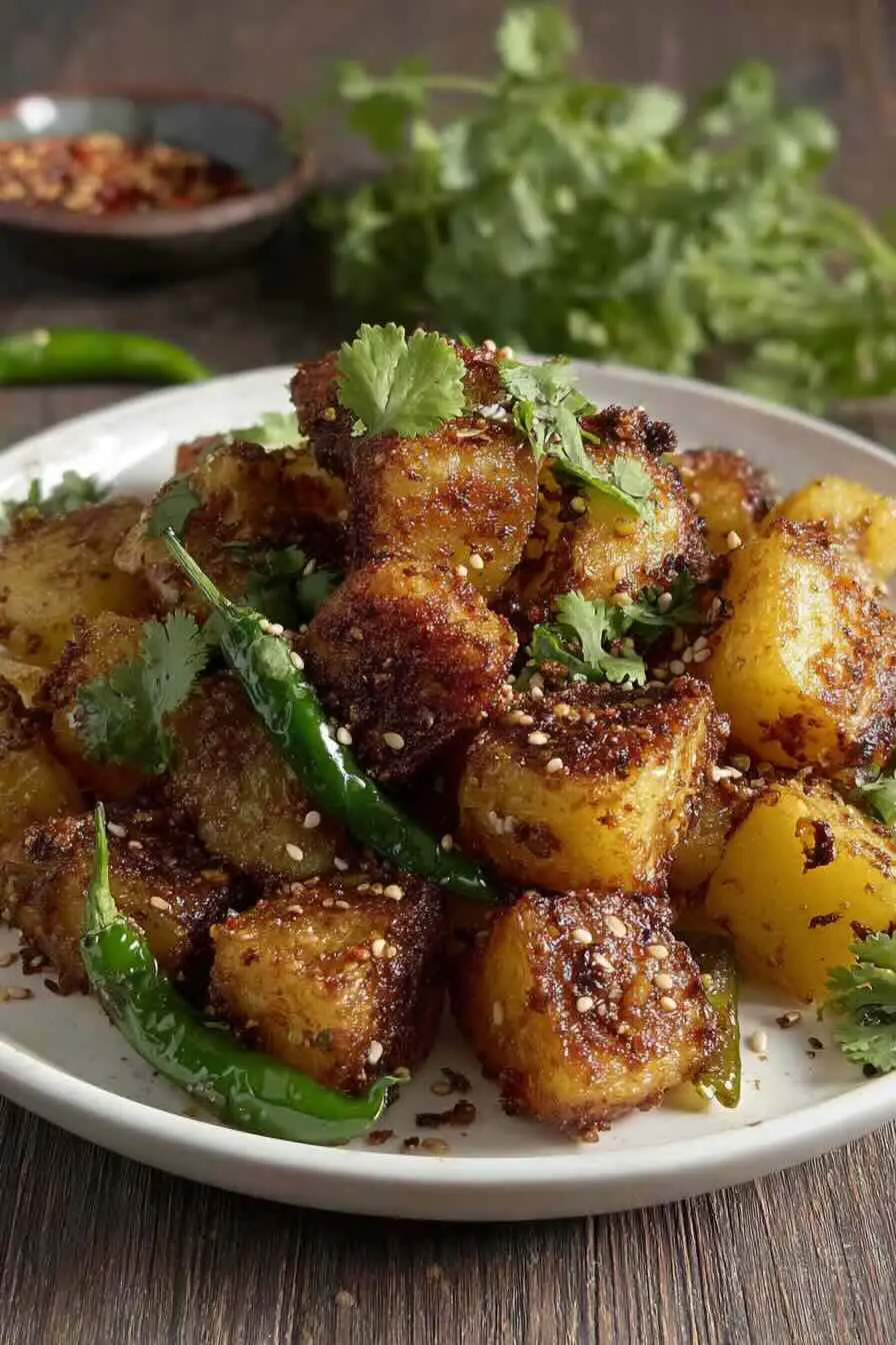 Spicy roast potatoes with sesame seeds, chilies, and coriander